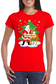 Bellatio Decorations Fout Kerstmis shirt rood met de kerstman en Rudolf voor dames 2XL - kerst t-shirts