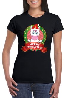 Bellatio Decorations Fout Kerstmis shirt zwart met eenhoorn voor dames 2XL - kerst t-shirts