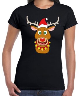 Bellatio Decorations Fout Kerstmis shirt zwart met rendier Rudolf rode muts 2XL - kerst t-shirts