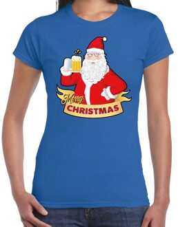 Bellatio Decorations Fout kerstshirt blauw santa met pul bier voor dames