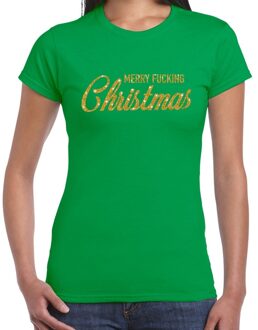 Bellatio Decorations Fout kerstshirt Merry Fucking Christmas goud glitter groen dames