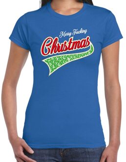 Bellatio Decorations Fout Kerstshirt / t-shirt - merry fucking Christmas - blauw voor dames - kerstkleding / kerst outfit 2XL