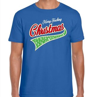 Bellatio Decorations Fout Kerstshirt / t-shirt - merry fucking Christmas - blauw voor heren - kerstkleding / kerst outfit 2XL