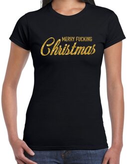 Bellatio Decorations Fout kerstshirt / t-shirt - Merry Fucking Christmas - goud / glitter - zwart voor dames - kerstkleding / christmas outfit 2XL