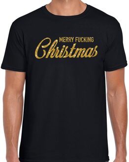 Bellatio Decorations Fout kerstshirt / t-shirt - Merry Fucking Christmas - goud / glitter - zwart voor heren - kerstkleding / christmas outfit 2XL (56)