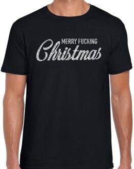 Bellatio Decorations Fout kerstshirt / t-shirt - Merry Fucking Christmas - zilver / glitter - zwart voor heren - kerstkleding / christmas outfit 2XL (56)