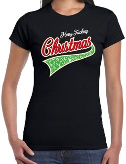 Bellatio Decorations Fout Kerstshirt / t-shirt - merry fucking Christmas - zwart voor dames - kerstkleding / kerst outfit L