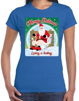 Bellatio Decorations Fout Kerstshirt / t-shirt  - Merry shitmas losing a turkey - blauw voor dames - kerstkleding / kerst outfit M