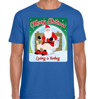 Bellatio Decorations Fout Kerstshirt / t-shirt  - Merry shitmas losing a turkey - blauw voor heren - kerstkleding / kerst outfit L
