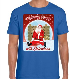 Bellatio Decorations Fout Kerstshirt / t-shirt - Nobody fucks with sinterklaas - blauw voor heren - kerstkleding / kerst outfit 2XL