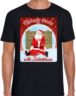 Bellatio Decorations Fout Kerstshirt / t-shirt - Nobody fucks with sinterklaas - zwart voor heren - kerstkleding / kerst outfit L