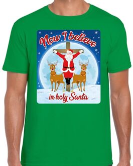 Bellatio Decorations Fout Kerstshirt / t-shirt - Now I believe in Holy Santa - groen voor heren - kerstkleding / kerst outfit M