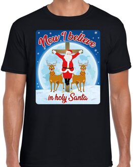 Bellatio Decorations Fout Kerstshirt / t-shirt - Now I believe in Holy Santa - zwart voor heren - kerstkleding / kerst outfit L