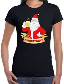 Bellatio Decorations Fout kerstshirt zwart santa met pul bier voor dames
