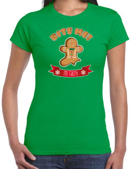 Bellatio Decorations fout kersttrui t-shirt dames - Gingerbread koekemannetje - green - Bite Me 2XL - kerst t-shirts Groen