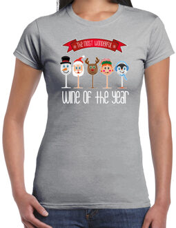 Bellatio Decorations fout kersttrui t-shirt dames - Kerst wijn glazen - grijs - drank/wine 2XL - kerst t-shirts