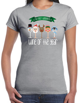 Bellatio Decorations fout kersttrui t-shirt dames - Kerst wijn glazen - grijs - drank/wine M - kerst t-shirts