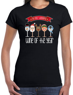 Bellatio Decorations fout kersttrui t-shirt dames - Kerst wijn glazen - zwart - drank/wine S - kerst t-shirts