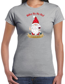 Bellatio Decorations fout kersttrui t-shirt dames - Wijn kabouter/gnoom - grijs - Doordrinken M - kerst t-shirts
