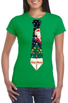 Bellatio Decorations Fout kersttrui t-shirt - groen - met kerstboom stropdas - voor dames