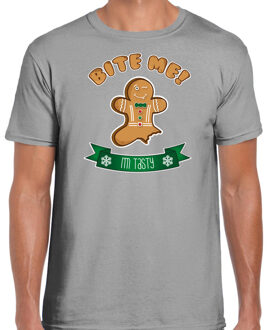 Bellatio Decorations fout kersttrui t-shirt heren - Gingerbread koekemannetje - grijs - Bite Me M - kerst t-shirts