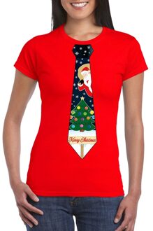 Bellatio Decorations Fout kersttrui t-shirt - rood - met kerstboom stropdas - voor dames