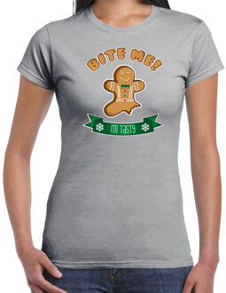 Bellatio Decorations Fout kersttrui t-shirt voor dames - Gingerbread koekemannetje - grijs - Bite Me