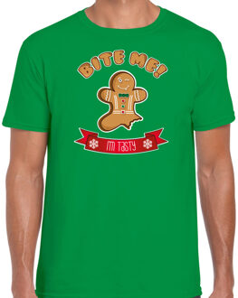 Bellatio Decorations Fout kersttrui t-shirt voor heren - Gingerbread koekemannetje - groen - Bite Me