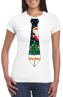 Bellatio Decorations Fout kersttrui t-shirt - wit - met kerstboom stropdas - voor dames