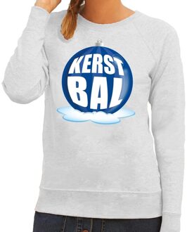 Bellatio Decorations Foute feest kerst sweater met blauwe kerstbal op grijze sweater voor dames 2XL (44) - kerst truien Grijs