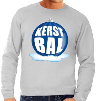 Bellatio Decorations Foute feest kerst sweater met blauwe kerstbal op grijze sweater voor heren L (52) - kerst truien Grijs