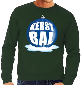 Bellatio Decorations Foute feest kerst sweater met blauwe kerstbal op groene sweater voor heren 2XL (56) - kerst truien