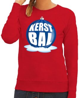 Bellatio Decorations Foute feest kerst sweater met blauwe kerstbal op rode sweater voor dames 2XL (44) - kerst truien Rood