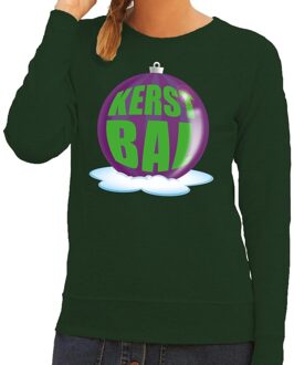 Bellatio Decorations Foute feest kerst sweater met paarse kerstbal op groene sweater voor dames 2XL (44) - kerst truien