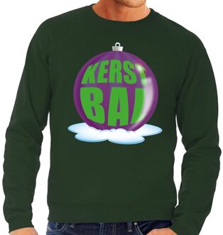 Bellatio Decorations Foute feest kerst sweater met paarse kerstbal op groene sweater voor heren 2XL (56) - kerst truien