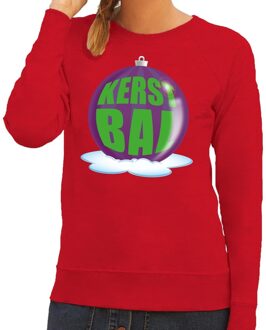 Bellatio Decorations Foute feest kerst sweater met paarse kerstbal op rode sweater voor dames L (40) - kerst truien Rood