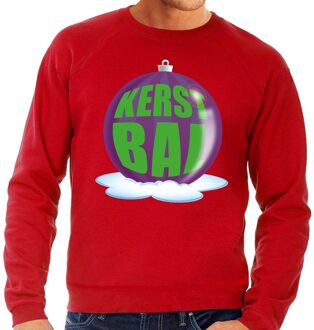 Bellatio Decorations Foute feest kerst sweater met paarse kerstbal op rode sweater voor heren 2XL (56) - kerst truien Rood