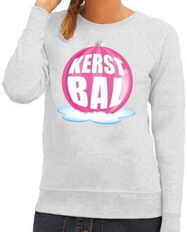 Bellatio Decorations Foute feest kerst sweater met roze kerstbal op grijze sweater voor dames L (40) - kerst truien Grijs