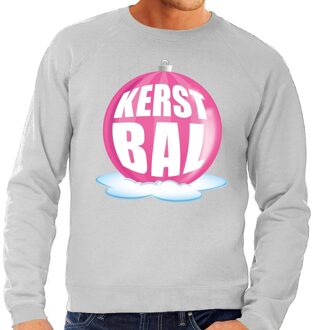 Bellatio Decorations Foute feest kerst sweater met roze kerstbal op grijze sweater voor heren 2XL (56) - kerst truien Grijs