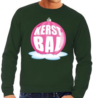 Bellatio Decorations Foute feest kerst sweater met roze kerstbal op groene sweater voor heren 2XL (56) - kerst truien