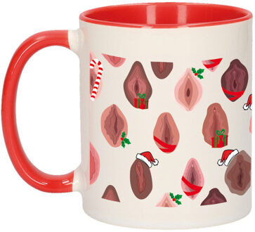 Bellatio Decorations Foute humor Kerst cadeau mok met feestelijke vaginas - rood - Bekers Wit