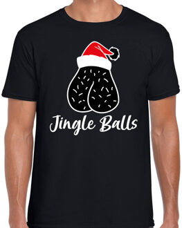 Bellatio Decorations Foute humor Kerst T-shirt voor heren - jingle balls - zwart - kerstmuts