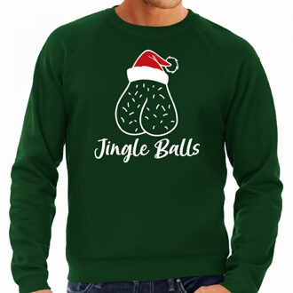 Bellatio Decorations Foute humor Kersttrui / sweater voor heren - jingle balls - groen - kerstmuts 2XL
