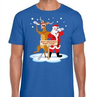 Bellatio Decorations Foute Kerst print t-shirt - dronken kerstman en rendier Rudolf - na kerstborrel - blauw - heren