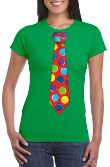 Bellatio Decorations Foute kerst shirt met kerstballen stropdas groen voor dames 2XL - kerst t-shirts