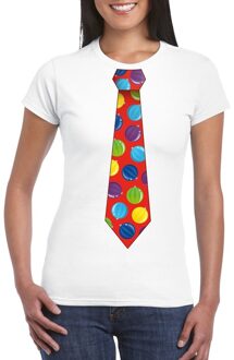 Bellatio Decorations Foute kerst shirt met kerstballen stropdas wit voor dames 2XL - kerst t-shirts