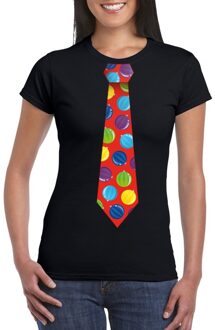 Bellatio Decorations Foute kerst shirt met kerstballen stropdas zwart voor dames L - kerst t-shirts