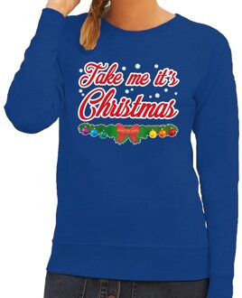 Bellatio Decorations Foute kerst sweater blauw Take Me Its Christmas dames 2XL (44) - kerst truien