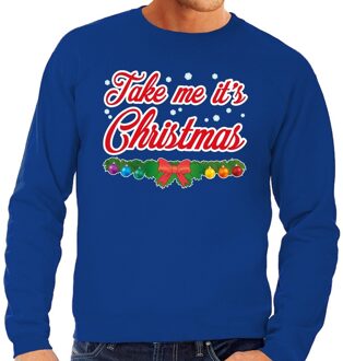 Bellatio Decorations Foute kerst sweater blauw Take Me Its Christmas heren 2XL (56) - kerst truien