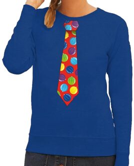 Bellatio Decorations Foute kerst sweater met kerstballen stropdas blauw voor dames 2XL (44) - kerst truien